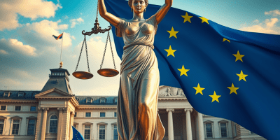 Statua della Giustizia intrecciata con la bandiera UE, visual simbolico dell’agenda europea Giustizia 2020 e del rafforzamento dello spazio comune di libertà, sicurezza e giustizia.