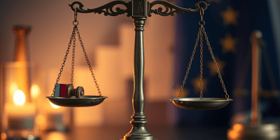 immagine che rappresenta visivamente il concetto di valutazione della giustizia in Europa, focalizzandosi sul tema dell'equità e dell'efficienza all'interno dei sistemi giudiziari