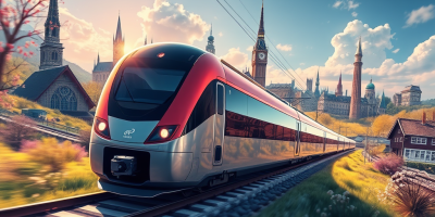 Visual simbolico dell’Unione europea come treno in corsa verso il futuro, tra integrazione politica, coesione economica e visione condivisa.