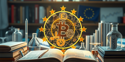 Visual simbolico dello Spazio europeo della ricerca (ERA), con libri, strumenti scientifici e grafici a rappresentare la circolazione libera della conoscenza e l’economia dell’innovazione.