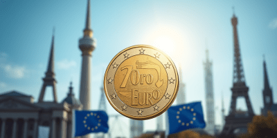 Immagine simbolica dell’unità e dell’integrazione europea rappresentata dalla moneta euro, con monete e banconote in euro, stelle dell’UE e persone che collaborano oltre i confini.