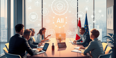 immagine che mostra un incontro collaborativo in un moderno contesto europeo, a simboleggiare la cooperazione tra le nazioni dell'UE nel campo dell'intelligenza artificiale