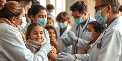 Campagna vaccinale in Europa: operatori sanitari somministrano vaccini in un centro mobile all’aperto, con cittadini in fila