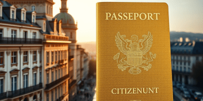 Passaporti e visti dorati nell’UE: simboli di cittadinanza europea, denaro e bandiere UE, a rappresentare i programmi di residenza per investimento.