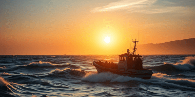 Immagine simbolica con una barca di migranti sul mare