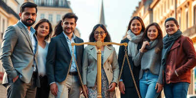 Rappresentazione simbolica dell’Unione Europea come spazio di uguaglianza, con figure femminili e maschili in equilibrio, circondate da elementi europei che evocano la parità di genere e l’inclusione.