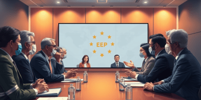 Rappresentanti dell’Unione europea in conferenza stampa con bandiere UE sullo sfondo, mentre presentano misure sanitarie e piani economici post-Covid; accanto, simboli della cooperazione internazionale e della ripresa economica.