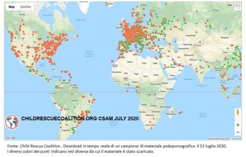 Mappa con il numero di download in tempo reale di un campione di materiale pedo-pornografico avvenuti il 13 luglio 2020