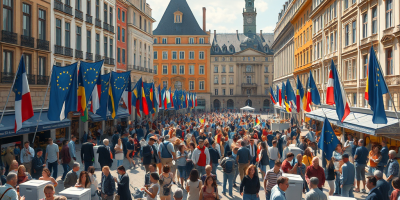 immagine di una vivace piazza cittadina europea durante il giorno, piena di diversi gruppi di persone impegnate in discussioni e attività di voto, a simboleggiare la democrazia e la libertà