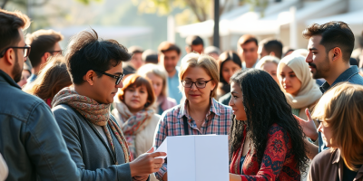 Rappresentazione simbolica della democrazia partecipativa in Europa: cittadini riuniti in assemblea pubblica, elementi digitali e simboli UE evocano il coinvolgimento civico nei processi decisionali, tra co-creazione, consultazione e difesa dello spazio civico.