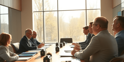 Immagine che raffigura una moderna sala riunioni dell'Unione Europea, in cui sono evidenziati i principali leader politici che discutono del futuro della politica di coesione dell'UE dopo il 2027