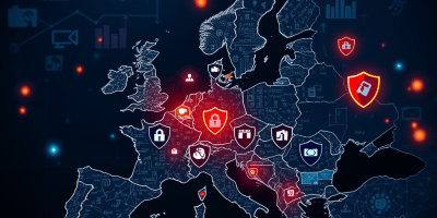 Rappresentazione concettuale della sicurezza economica europea: flussi digitali, infrastrutture strategiche e simboli UE evocano il bilanciamento tra apertura economica, protezione degli investimenti e controllo delle tecnologie sensibili.
