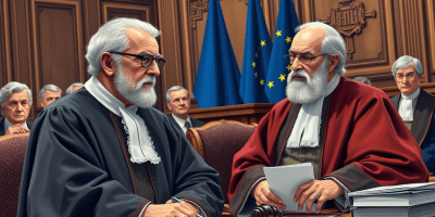 Scena simbolica di aula della Corte di Giustizia dell’Unione europea con giudici in deliberazione: rappresentazione del caso C-128/21 sulla qualificazione dei notai come imprese e sull’applicazione del diritto UE della concorrenza.