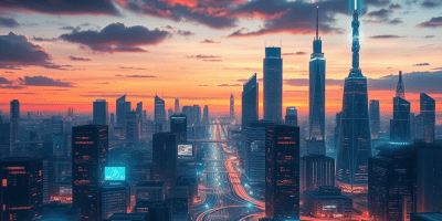 Skyline futuristico di una città europea al crepuscolo, con grattacieli illuminati da luci ambientali soffuse: simbolo dell’intersezione tra tecnologia, industria e visione strategica dell’Unione europea per l’intelligenza artificiale.