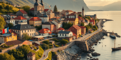 Paesaggio simbolico di una regione transfrontaliera europea con infrastrutture condivise, cittadini in movimento e simboli UE: rappresentazione della cooperazione tra Stati membri nelle zone di confine, tra integrazione territoriale e superamento degli ostacoli giuridico-amministrativi.