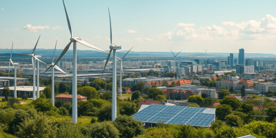 Paesaggio europeo futuristico con infrastrutture verdi, energie rinnovabili e natura rigenerata: simbolo della transizione ecologica promossa dal Green Deal UE verso una società sostenibile, equa e climaticamente neutra entro il 2050.