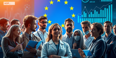 Rappresentazione concettuale della carenza di manodopera e competenze in Europa: figure professionali mancanti, grafici digitali e simboli demografici evocano le sfide occupazionali e formative affrontate dal piano d’azione UE 2024.