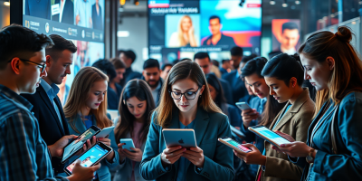 Visuale simbolica della trasparenza nella pubblicità politica UE: bandiera europea, schermi digitali e messaggi etichettati, evocazione del regolamento 2024/900 contro manipolazione e targeting opaco.