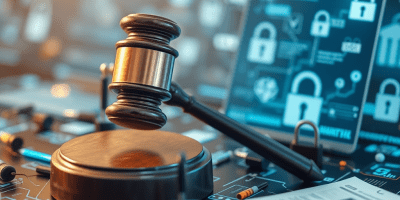 Visuale simbolica dell’autorità Hadopi in Francia: scena istituzionale con elementi digitali e civici, evocazione del bilanciamento tra tutela del diritto d’autore e protezione della privacy online secondo la giurisprudenza UE.