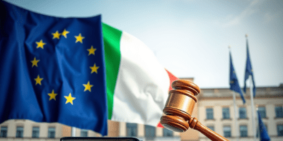 Visuale simbolica della partecipazione italiana alla legislazione UE: edificio istituzionale con bandiere e figure civiche, evocazione della legge 234/2012 e del ruolo del Parlamento, Regioni e parti sociali.