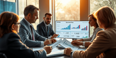 Funzionari europei riuniti in meeting strategico: documenti e schermi digitali mostrano piani di ripresa e grafici finanziari, simbolo della governance condivisa del dispositivo RRF.