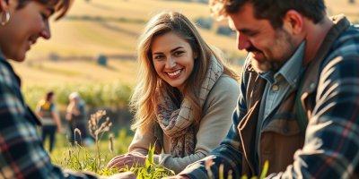 Paesaggio rurale europeo con edifici, campi e figure locali: simbolo dello sviluppo territoriale partecipativo promosso dal programma LEADER e dalla PAC post-2027.