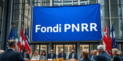 Edificio istituzionale dell’Unione europea con grande striscione “Fondi PNRR”: simbolo del dispositivo RRF e delle tensioni sull’assorbimento e controllo dei finanziamenti