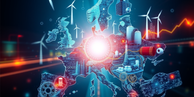 Visuale simbolica della competitività europea: edificio istituzionale UE con figure professionali e grafiche digitali, evocazione del Rapporto Draghi su innovazione, decarbonizzazione e sicurezza industriale.