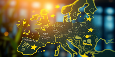 Visuale simbolica del futuro finanziario dell’Unione europea: grafici e figure istituzionali evocano investimenti, coesione e transizione nel bilancio 2025–2029.