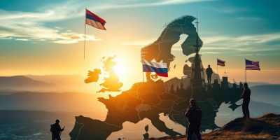 Visuale simbolica della difesa europea: edifici istituzionali e figure operative evocano la prontezza civile e militare dell’UE di fronte a crisi e minacce ibride.