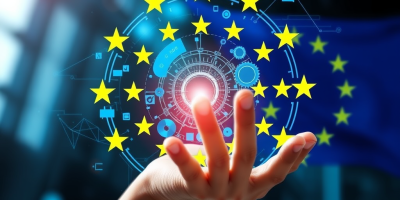 Visuale simbolica dell’intelligenza artificiale: reti neurali e figure digitali evocano l’uso responsabile dell’IA nei progetti UE, tra innovazione e trasparenza.