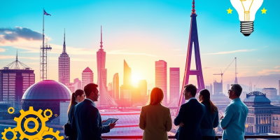 Visuale simbolica del futuro della ricerca e innovazione UE: figure professionali e elementi digitali evocano nuove opportunità per imprese e ricercatori europei.