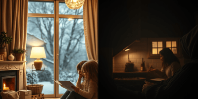 Famiglia in ambiente domestico poco riscaldato: simbolo della povertà energetica, condizione in cui mancano servizi essenziali come luce e calore.