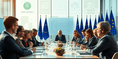 Riunione di lavoro nella Commissione europea, visual simbolico del metodo collegiale e dei Project Groups per attuare le priorità UE 2024–2029.
