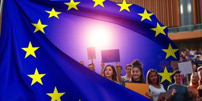 Bandiera dell’UE accostata alla Carta dei diritti fondamentali, visual simbolico del sostegno europeo ai diritti e valori attraverso i programmi CERV, Erasmus+ e Orizzonte Europa.