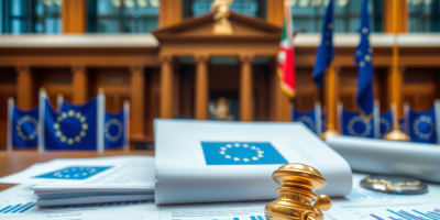 Testi giuridici sugli appalti pubblici, visual simbolico delle criticità rilevate dalla Corte dei conti UE nella gestione del PNRR e degli aiuti di Stato.