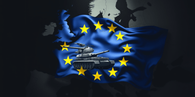 Bandiera europea accostata a elementi militari, visual simbolico della proposta ReArm Europe e delle tensioni giuridiche nella costruzione della difesa comune.