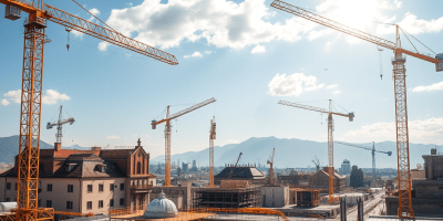 Cantieri edili in Europa finanziati dal PNRR, visual simbolico dell’attuazione del Piano Italia Domani e del monitoraggio semestrale 2025.