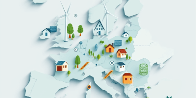 Mappa stilizzata dell’UE intrecciata da linee e nodi, visual simbolico della revisione intermedia dei fondi europei e del riallineamento strategico 2021–2027.