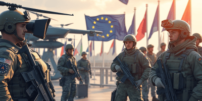 Foto dell’esercito con la bandiera UE, visual simbolico dello strumento SAFE per rafforzare l’industria europea della difesa e l’autonomia strategica.