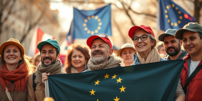 Manifestazione sindacale di lavoratori europei, visual simbolico della tutela sociale garantita dall’UE e del significato europeo del 1° maggio.