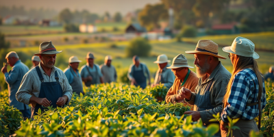 Agricoltori al lavoro tra le vigne, visual simbolico della proposta UE per rafforzare il potere contrattuale nella filiera agroalimentare.