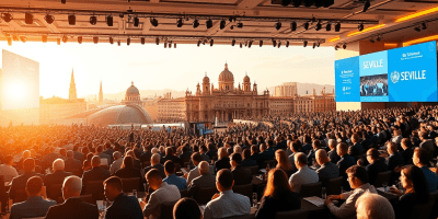 Bandiera ONU su sfondo istituzionale, visual simbolico della IV Conferenza sul Finanziamento per lo Sviluppo e del rilancio del multilateralismo globale.