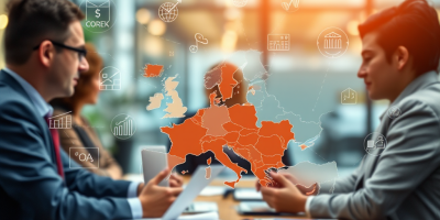 Mappa stilizzata dell’Europa, visual simbolico della governance multilivello e del bilancio UE nel Fondo PNR 2028–2034.