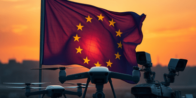 Bandiera dell’Unione europea su sfondo di tramonto, accanto a droni e sistemi di sorveglianza militare ad alta tecnologia, simbolo della prontezza alla difesa e della cooperazione europea entro il 2030.