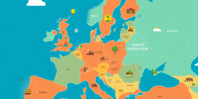 Mappa illustrata dell’Europa con regioni e città evidenziate, simboli della coesione territoriale, della transizione climatica e della resilienza locale. Stile moderno e infografico, colori caldi e sostenibili per esprimere unità e diversità tra i territori europei.