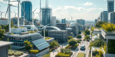 Città europea futuristica con edifici sostenibili, pannelli solari, turbine eoliche e giardini urbani, simbolo della transizione verde e dell’innovazione industriale dell’UE.