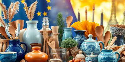 Esposizione di prodotti artigianali europei – ceramiche, coltelleria e tessuti – con elementi dell’UE sullo sfondo a richiamare il nuovo regolamento sulle indicazioni geografiche.